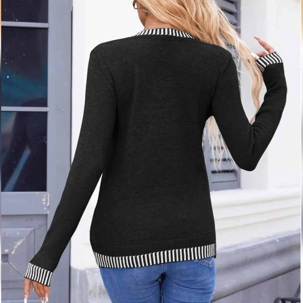 Black Long Sleeve Lightweight V-Neck Sweater with Striped Trim - NIP